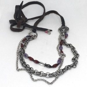 Lucky Brand, Leather, Glass Beads And Silver Chain Necklace